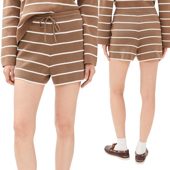 La Ligne Pants - La Ligne - Women's 'Leo' Knit Shorts, High-Rise, Stripe - Tan/Cream, Large